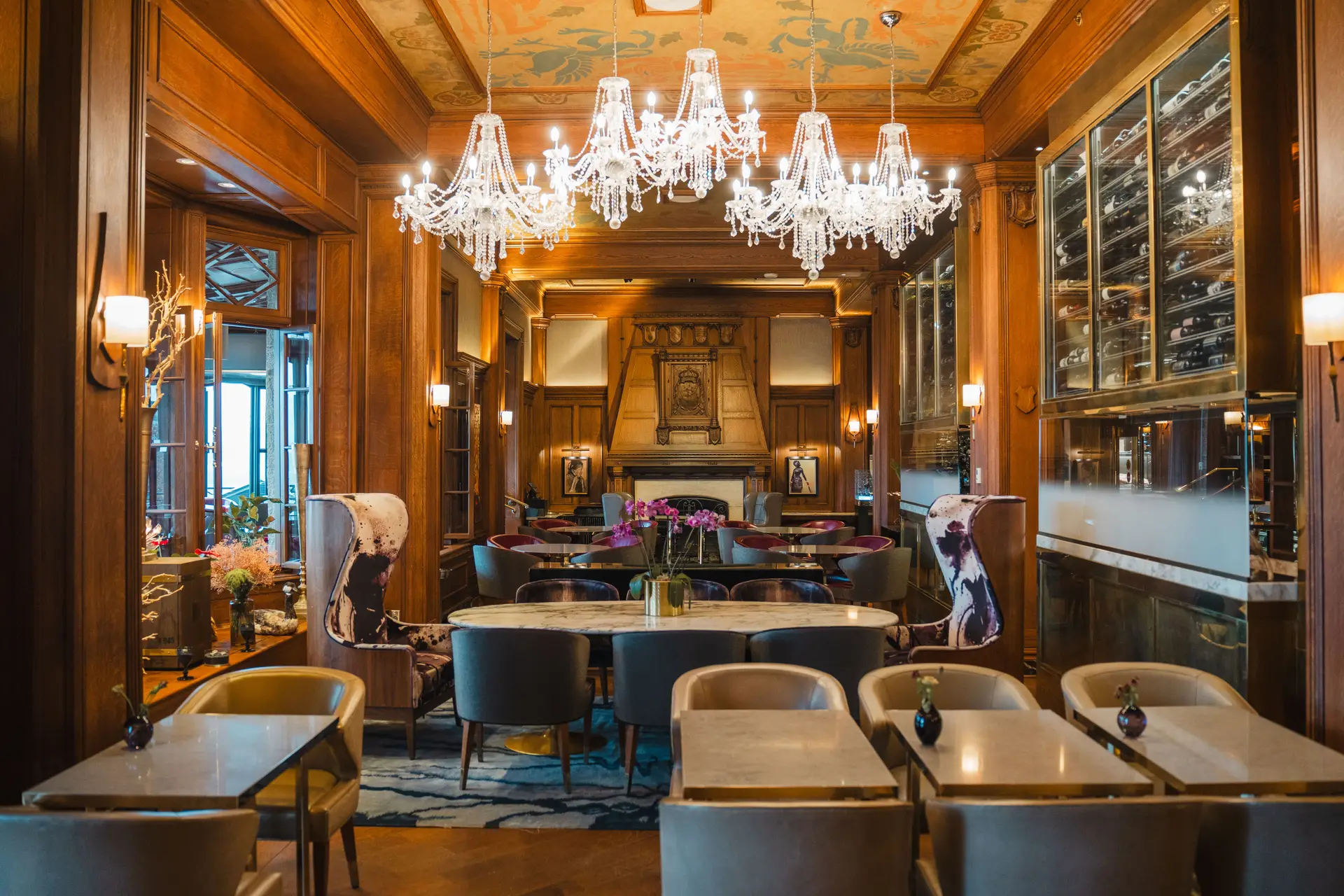 Luxurious dining area with grand chandeliers